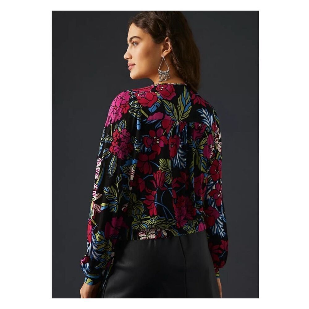 Anthropologie Dark Floral Wrap Blouse with Red and Pink Blooms - Picture 5 of 15